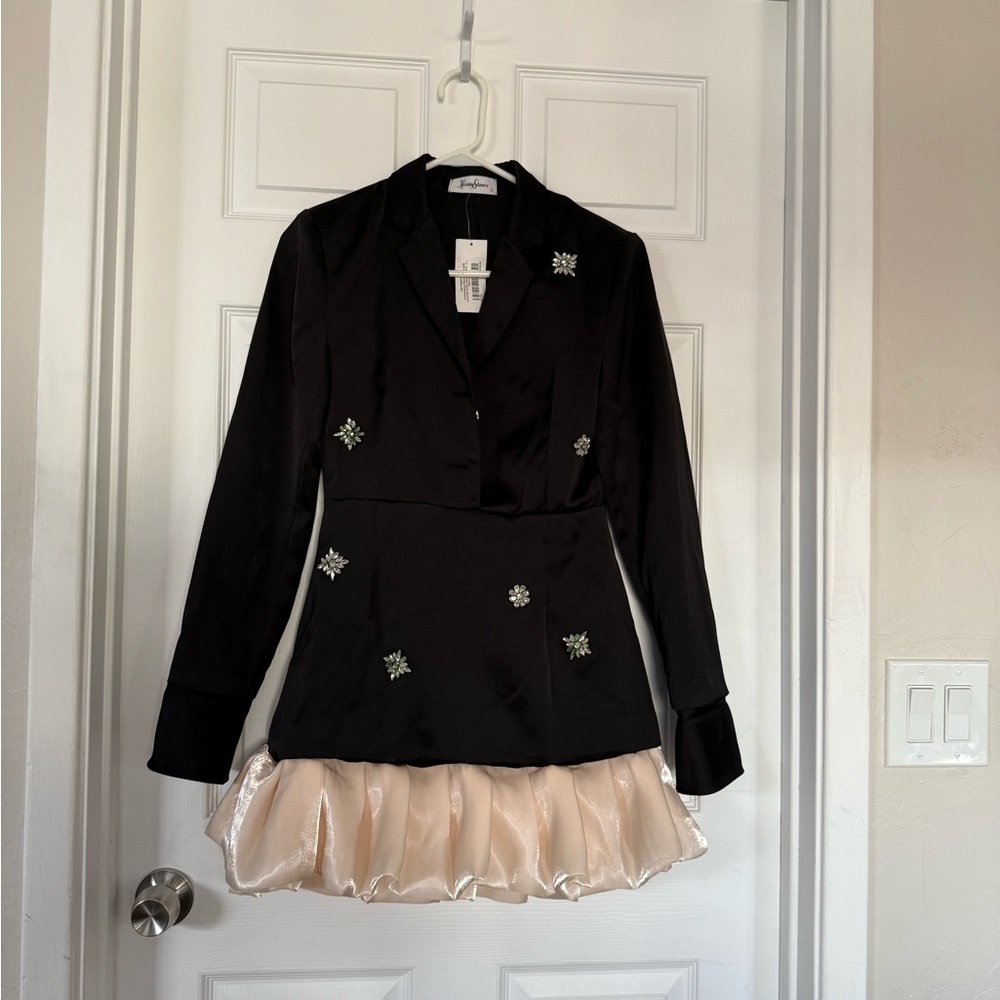 Herringstones Embellished Black Blazer Dress with Cream Ruffle Hem NWT